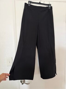 Wide Leg Black Pull-On Pants with Side Slits
